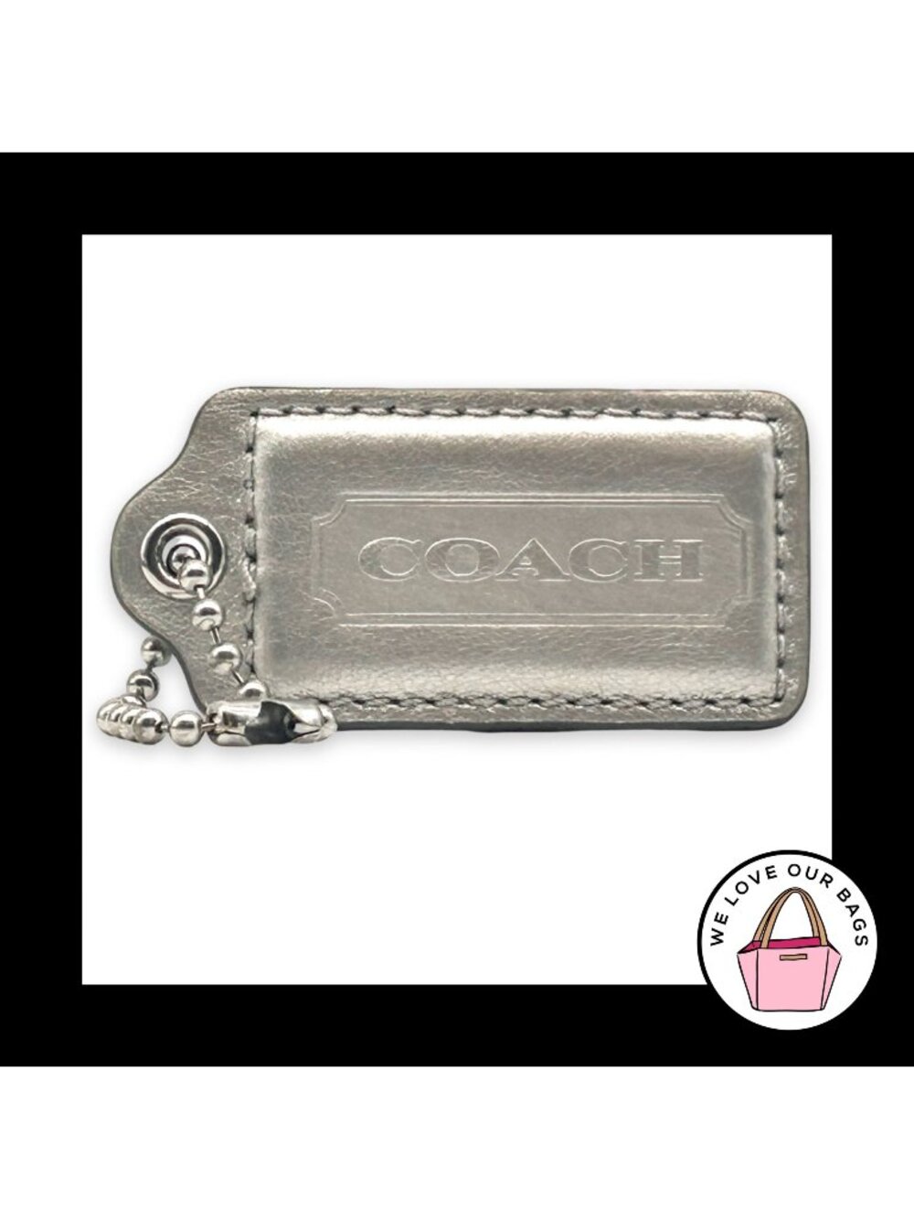 COACH HANG TAG 2.5" Silver Metallic Leather Bag Charm Keychain Fob Nickel Large